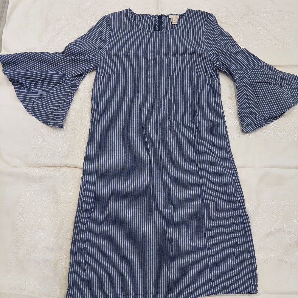 J.Crew Relaxed Fit Size 2 Blue White Striped Bell Sleeve Cotton Tunic Dress - Picture 2 of 11